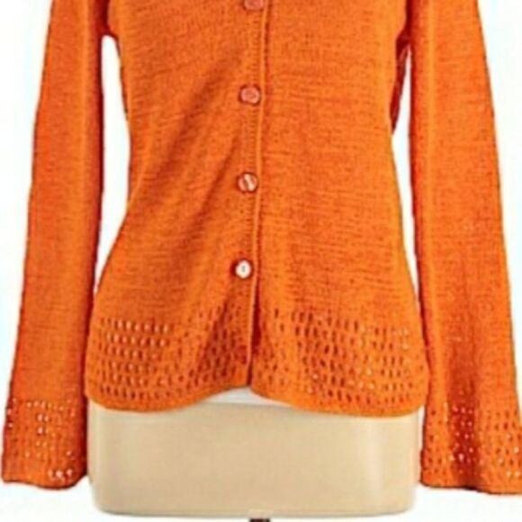90's Coldwater Creek Open Knit Eyelet Hem Button Down Cardigan Orange Sz L - Picture 5 of 10